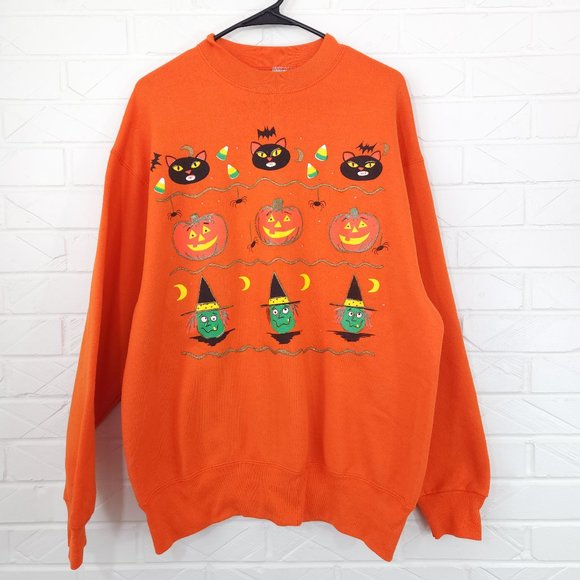 Vintage Orange Crew Neck Sweatshirt Jack-o-Lanterns & Witches Fruit of the Loom - Picture 1 of 5